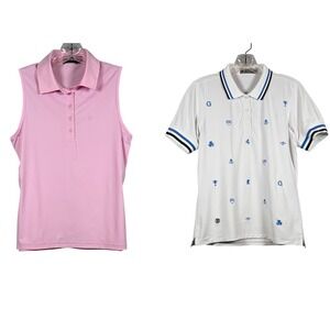 G/FORE Women's Golf Shirts, Pink Nylon Tech, White Embroidered Icon Tech, Small